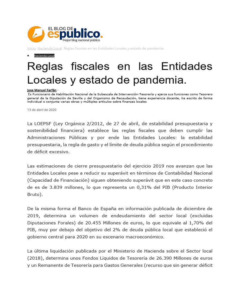 Reglas fiscales en las Entidades Locales y estado de pandemia ...