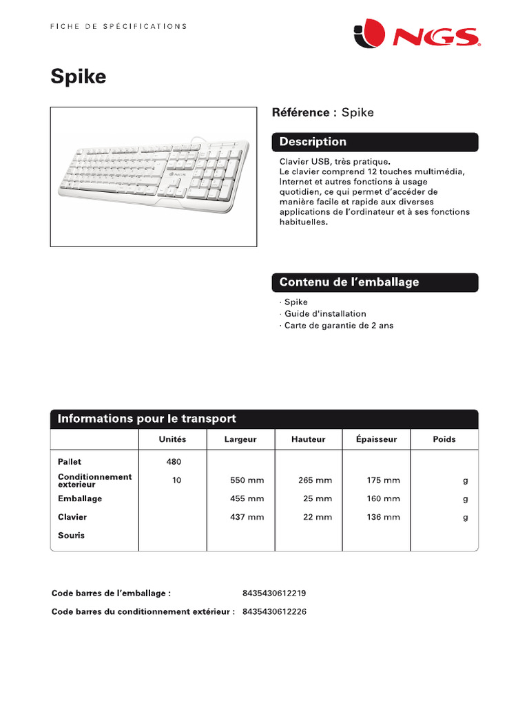 Ngs Wired Keyboard Spike-Fr | PDF