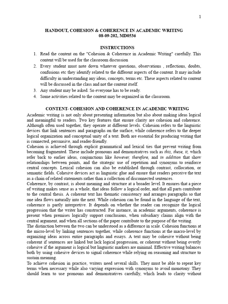 Cohesion and Coherence in Writing | PDF | Argument | Semantics
