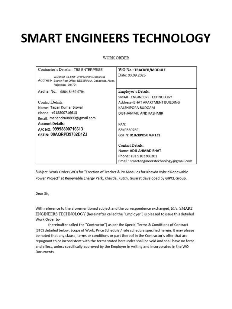 Work Order for Khavda Solar Project | PDF | Employment | Value Added Tax