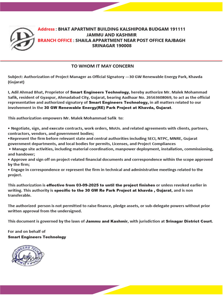 Project Manager Authorization for 30 GW RE Park | PDF