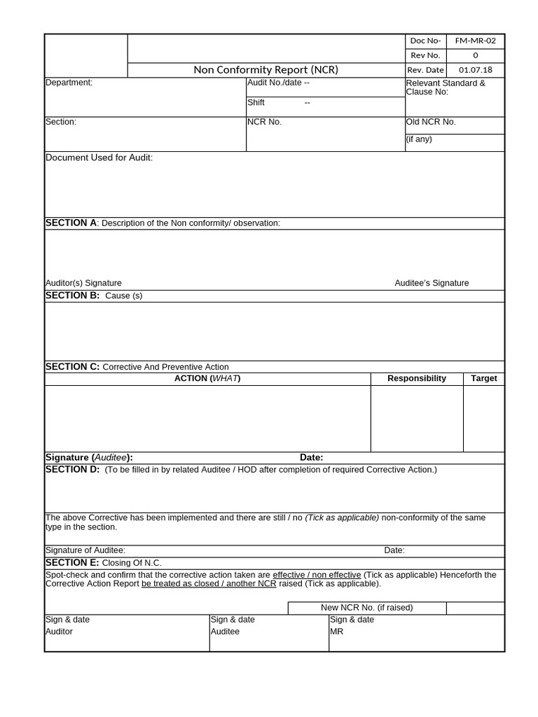 Non Conformity Report Template | PDF