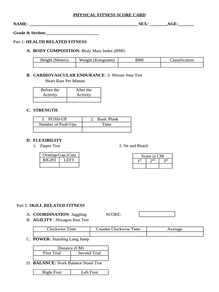Physical Fitness Assessment Score Card | PDF