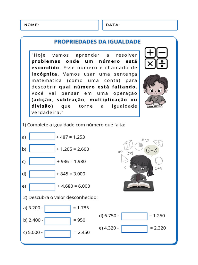 Lista de Exercícios - Propriedades Da Igualdade - 6º Ano | PDF | Matemática, image size:768x1024