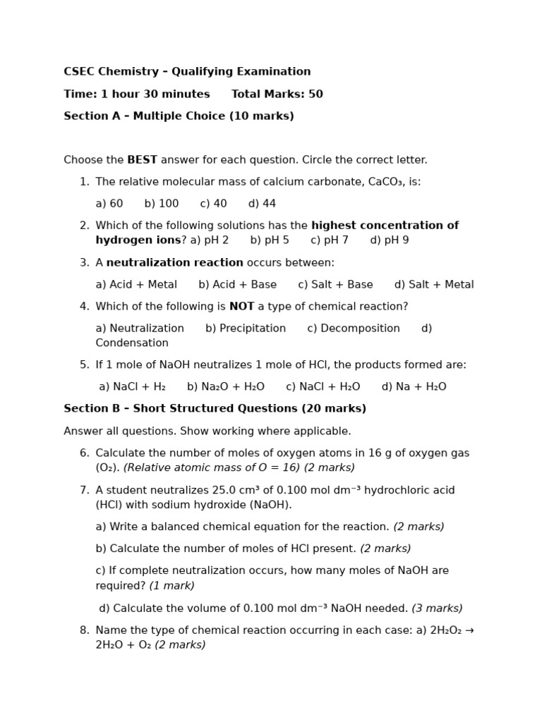CSEC Chemistry Qualifying Exam Guide | PDF | Ph | Sodium Hydroxide
