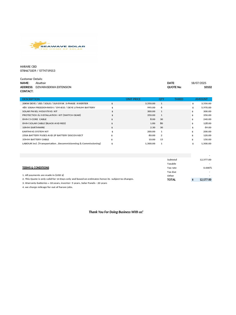 Solar Installation Quote for Abattoir | PDF | Power (Physics ...