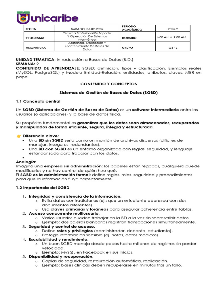 Contenido Semana 3 Bases de datos G3-L | PDF | Bases de datos | Mi sql