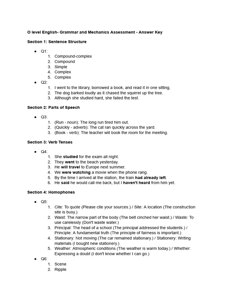 O Level English Grammar Assessment Key | PDF