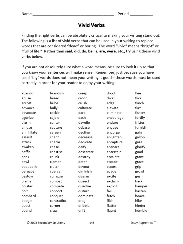 List of Vivid Verbs for Writing | PDF