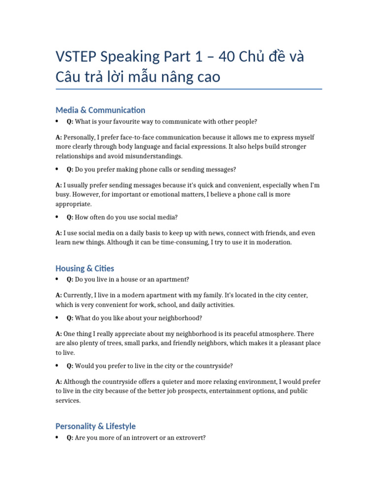 VSTEP Speaking Part1 50 Topics Enhanced | PDF | Sleep | Time Management