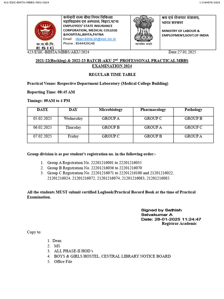 MBBS 2nd Professional Practical Exam Timetable | PDF | Health Care ...