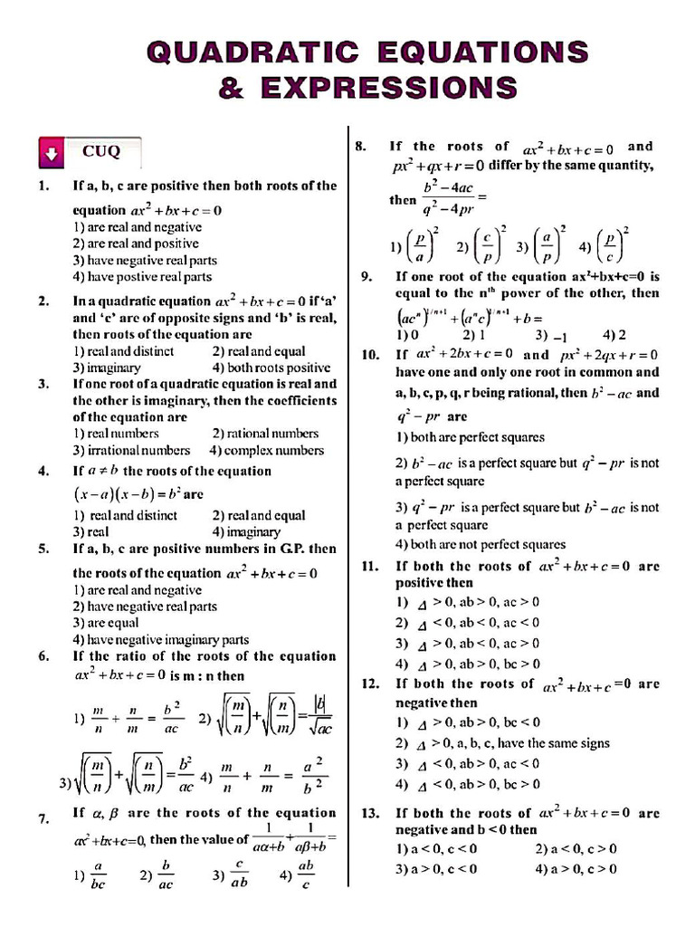 Quadratic Equations Practice Problems | PDF