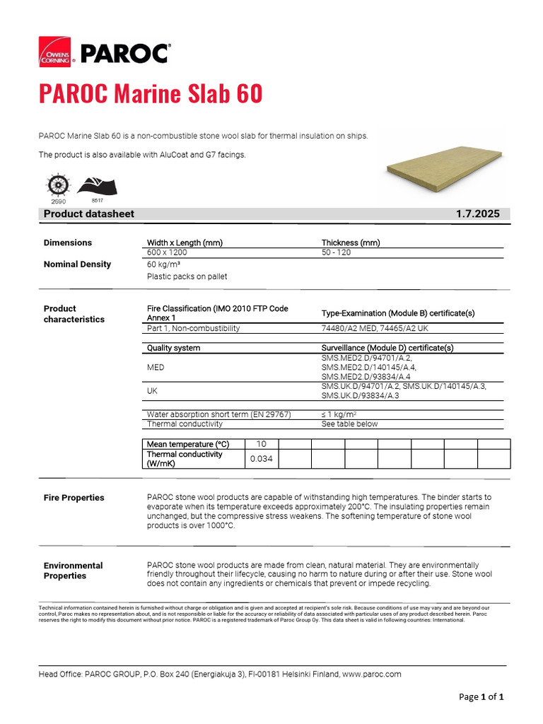 PAROC Marine Slab 60 Insulation Datasheet | PDF | Mechanical ...