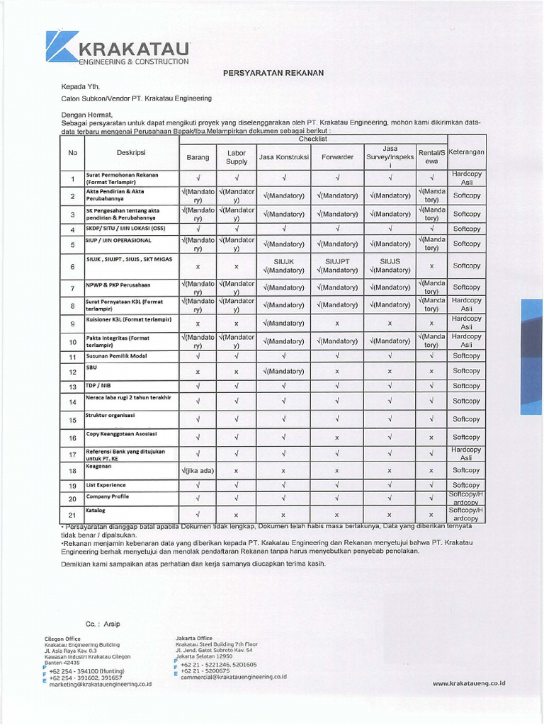 Persyaratan Rekanan PT - Ke 2024 | PDF