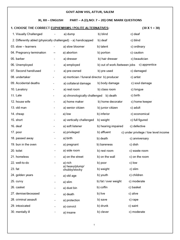 11,12 English One Mark (7-20) New 2025 - Questions | PDF | Adverb | Verb