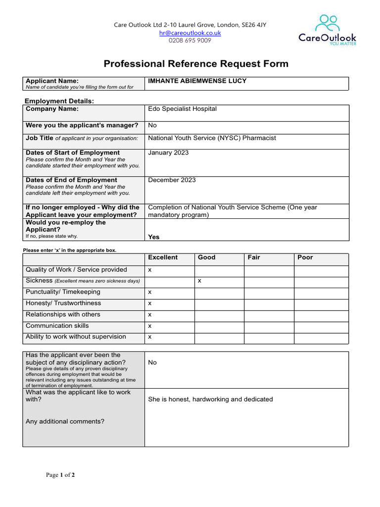 Professional Reference Request Form | PDF | Business
