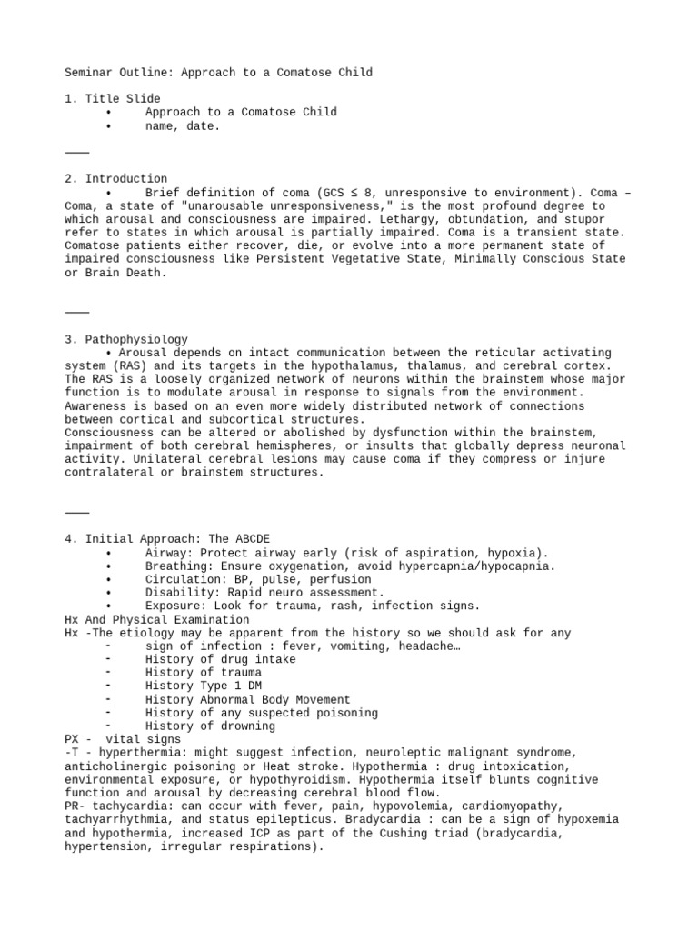 Comatose Child: Assessment & Management | PDF | Coma | Brainstem