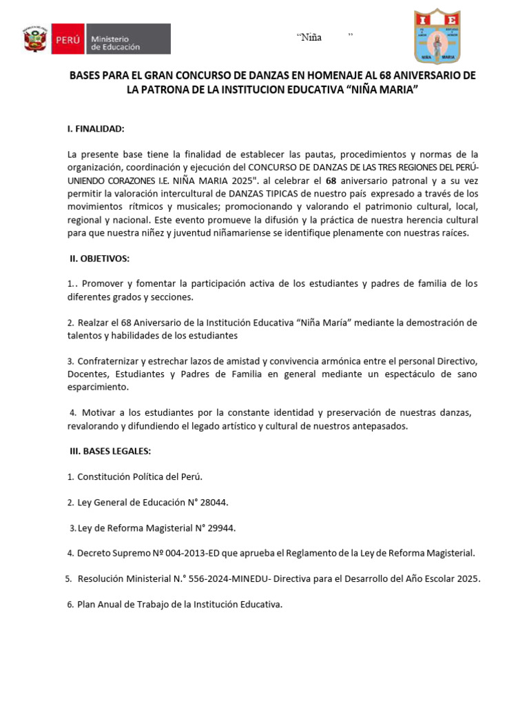 Bases Del Concurso de Danzas I.E. Niña Maria 2025 | PDF | Bailes | Ritmo