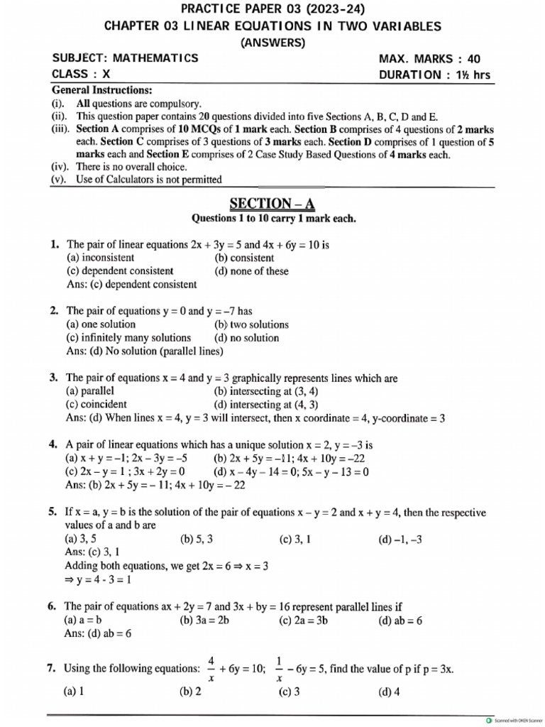 Maths Class X Chapter 03 Linear Equations in Two Variables Practice ...