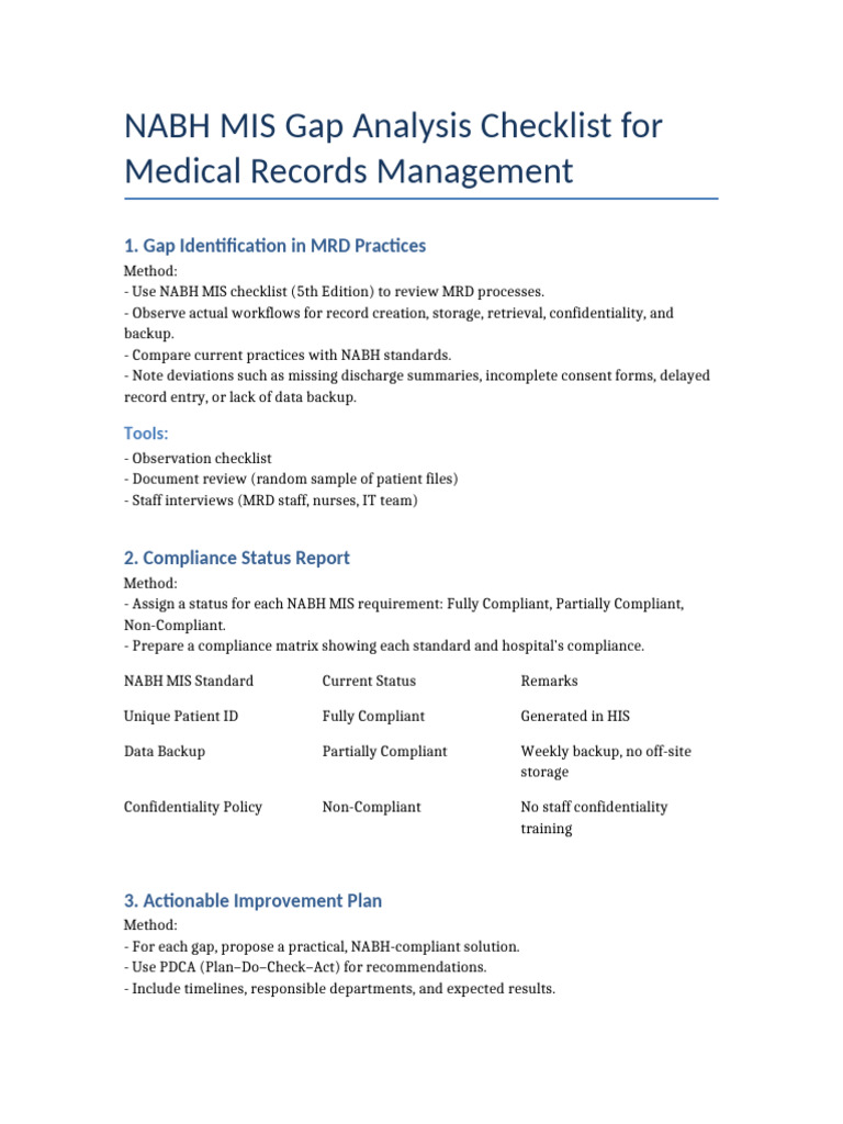 NABH MIS Gap Analysis Checklist | PDF