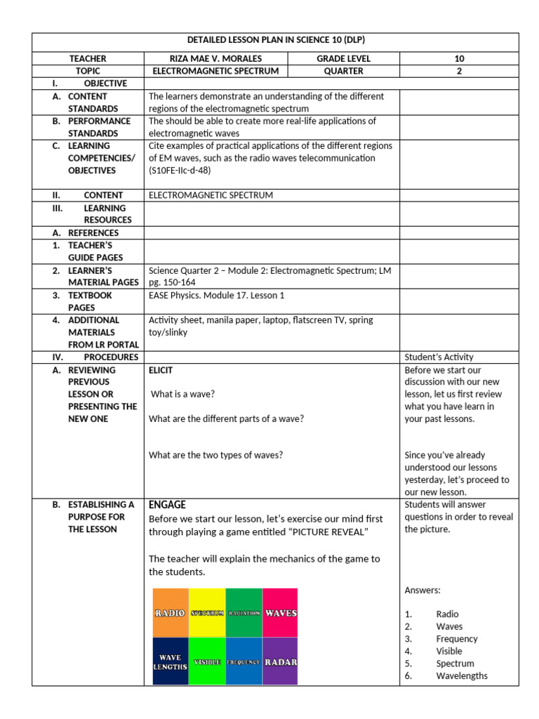 Lesson Planning - Morales | PDF | Electromagnetic Radiation ...