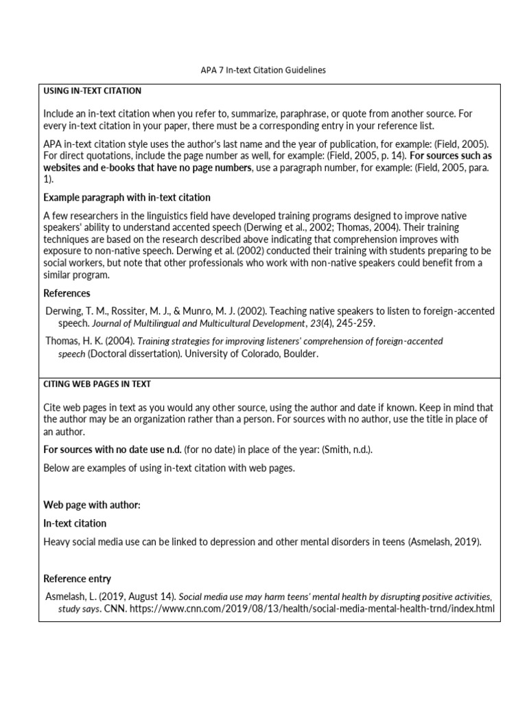 APA 7 InText Citation Guidelines | PDF | Citation | Apa Style