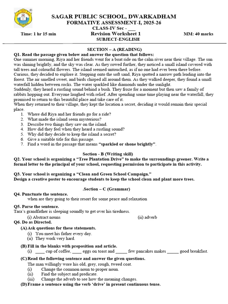 Class IV English Formative Assessment 2025-26 | PDF | Linguistics | Syntax