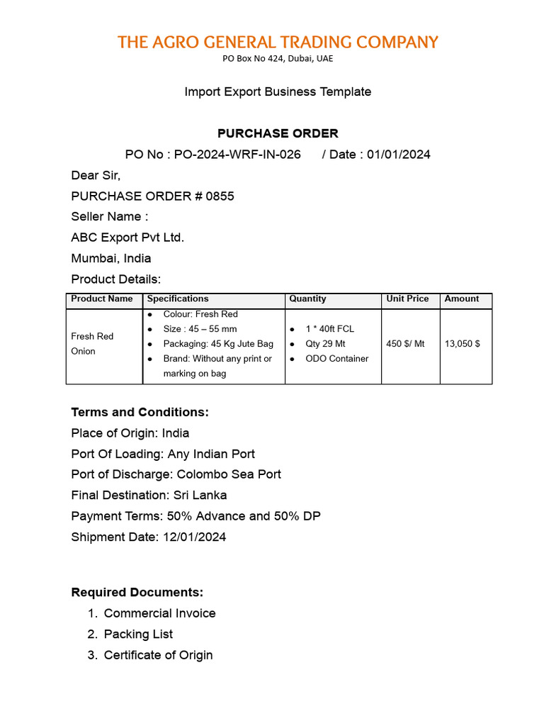 Purchase Order for Fresh Red Onions | PDF