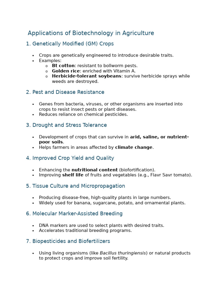 Biotechnology in Agriculture: Key Applications | PDF