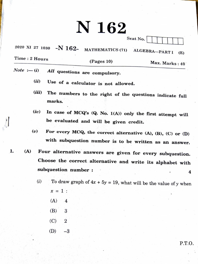 Mathematics Exam Paper: Algebra Part I | PDF | Equations | Variable ...