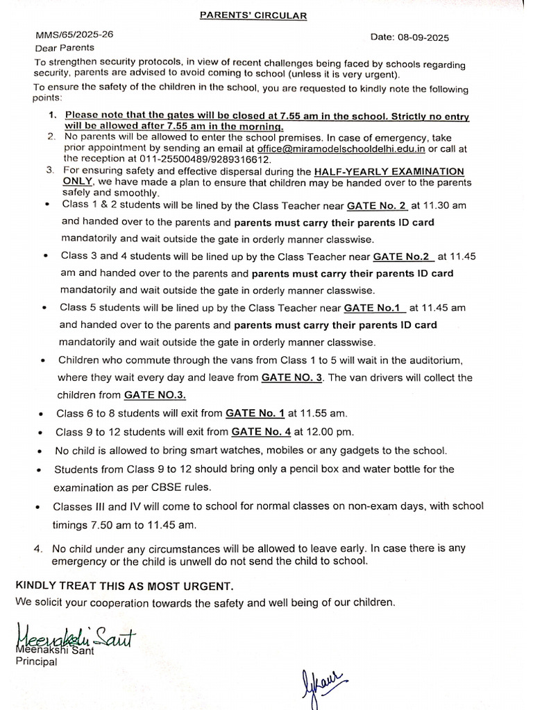 Circular For Dispersal During Exam Days For Class 1 To 12 | PDF