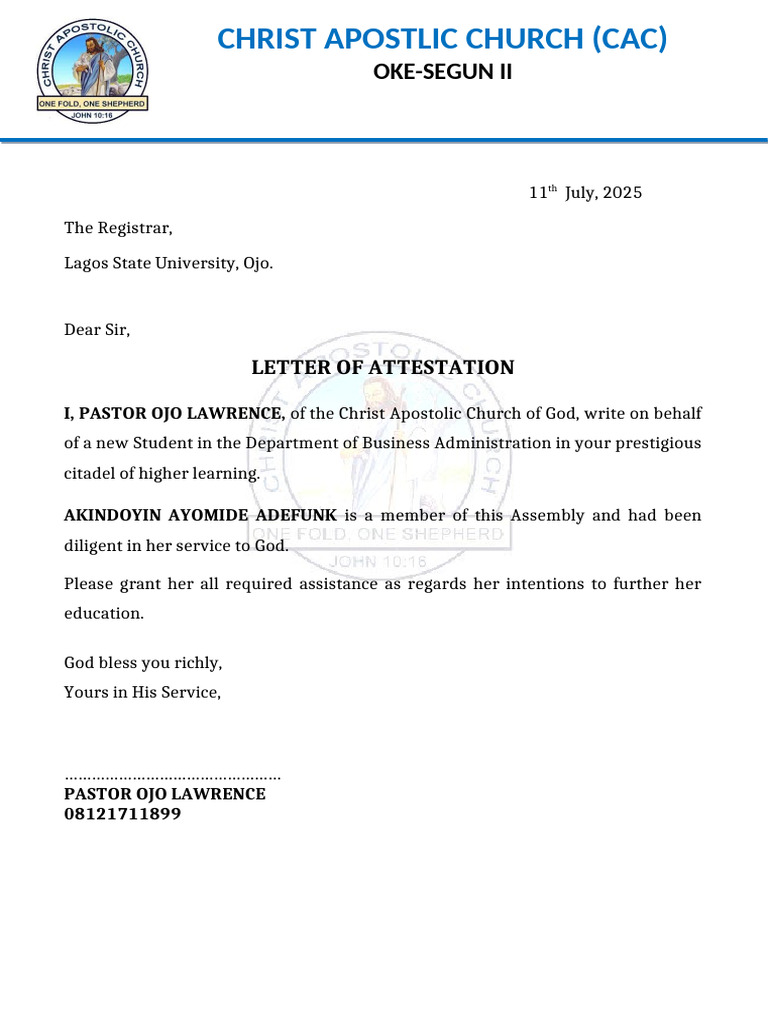 Church Attestation Letters for LASU | PDF