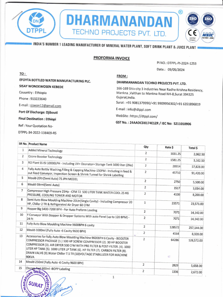 Proforma Invoice for Water Plant Equipment | PDF | Transaction Account ...