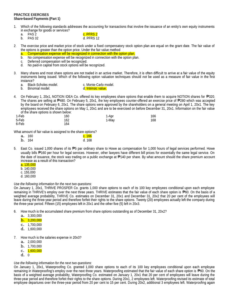 Share-based Payments Practice Exercises | PDF | Preferred Stock ...