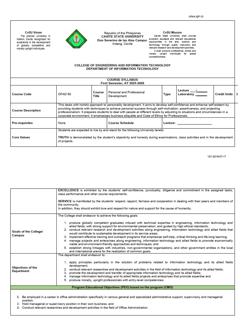 Personal Development Course Syllabus | PDF | Etiquette | Communication