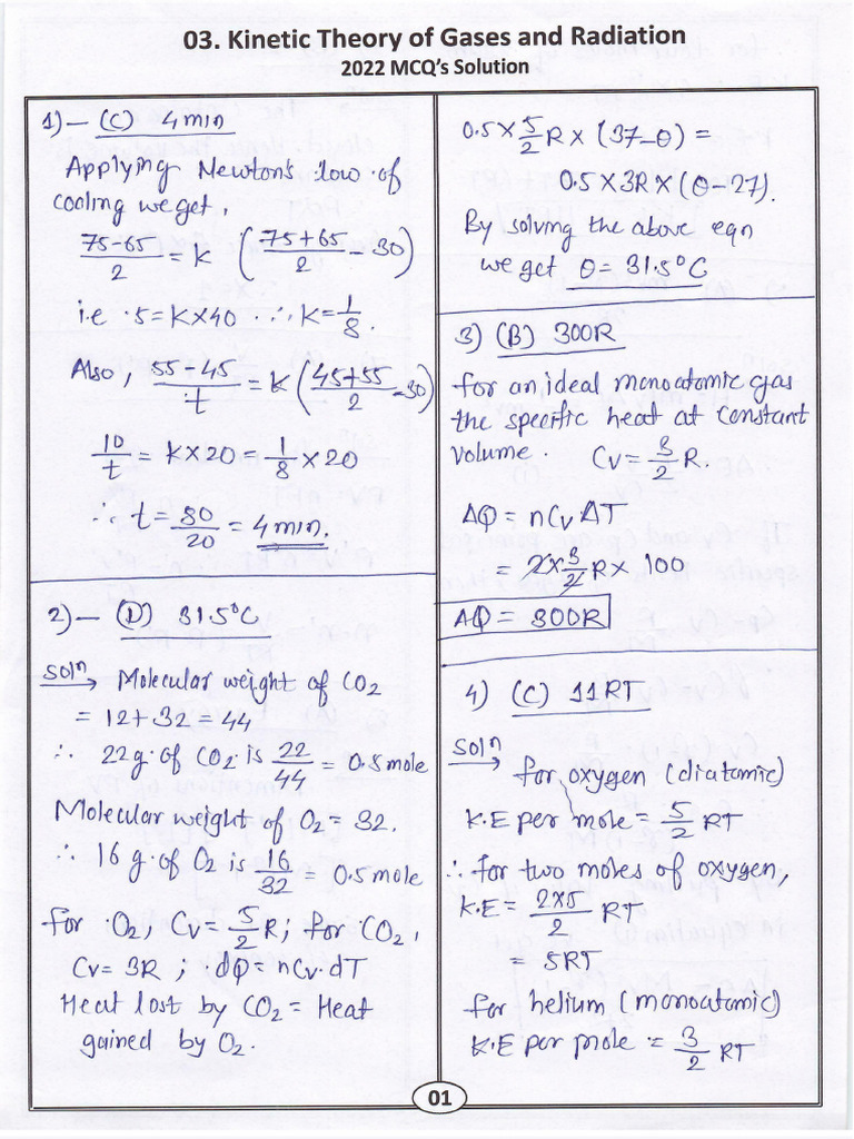 170 2022 PYQ SOLUTIONS PHYSICS03 Kinetic Theory of Gases and R | PDF