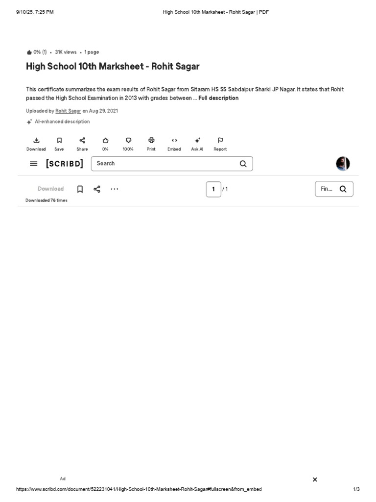Rohit Sagar's 10th Grade Marksheet | PDF | Scribd