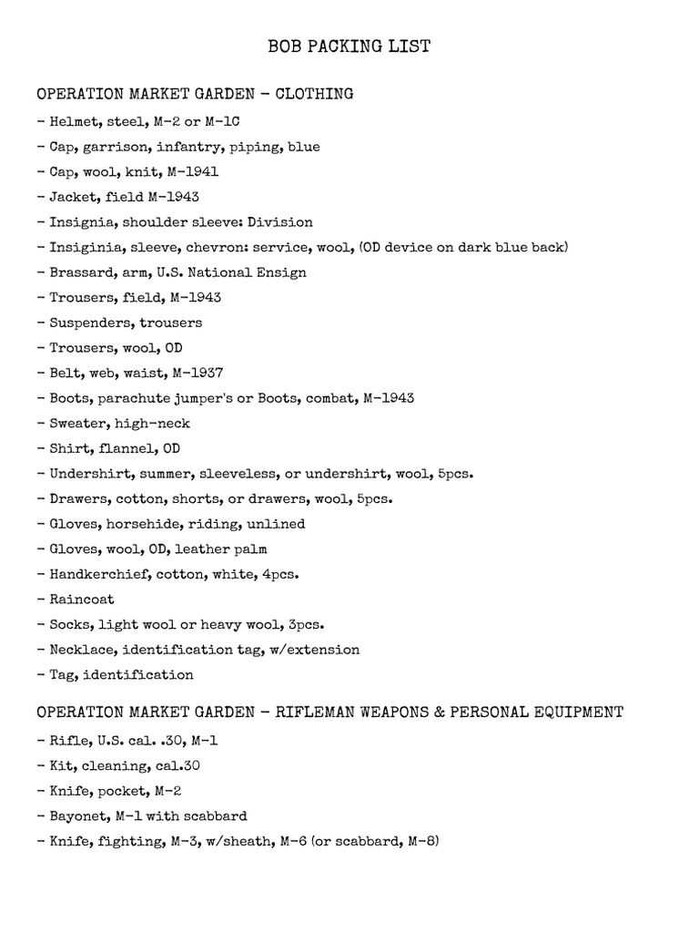 Operation Market Garden Packing List | PDF