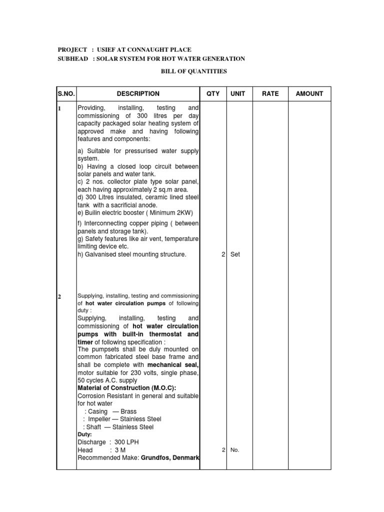 BOQ For Solar Water Heaters PDF Water Heating Copper
