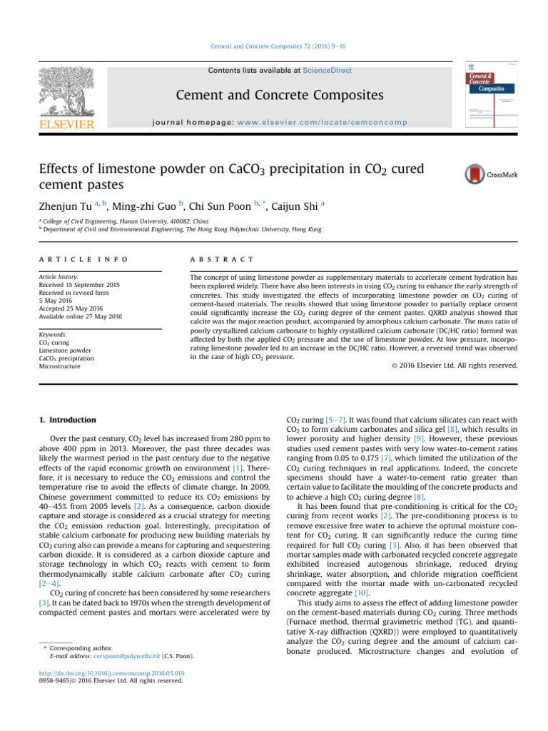 Effects of Limestone Powder On CaCO3 Precipitation in CO2 Cured Cement ...