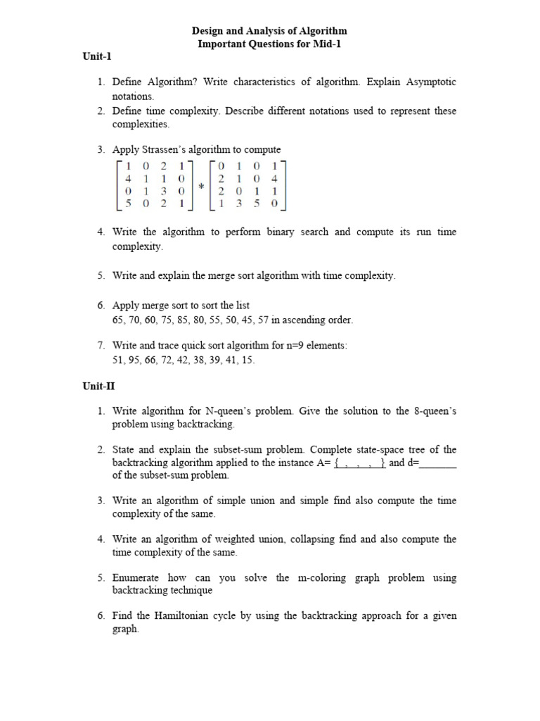 Important Algorithm Questions for Mid-1 | PDF