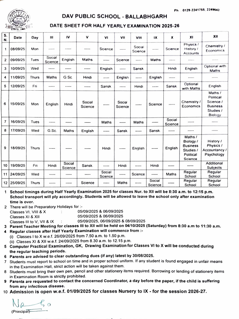 Half Yearly Exam Schedule 2025-26 | PDF | Science
