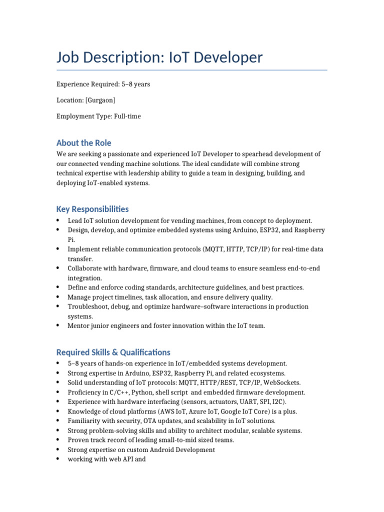 JD IOT Developer | PDF | Internet Of Things | Embedded System