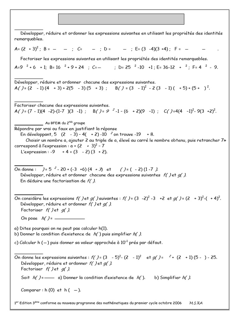 Exercices de mathématiques : algèbre et équations | PDF | Mathématiques ...