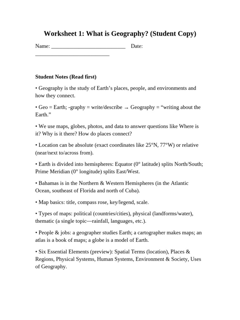 Understanding Geography Basics Worksheet | PDF | Geography | Earth Sciences