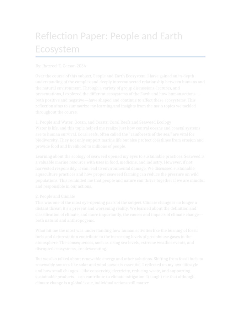 Reflection Paper People and Earth Ecosystem | PDF | Agriculture ...