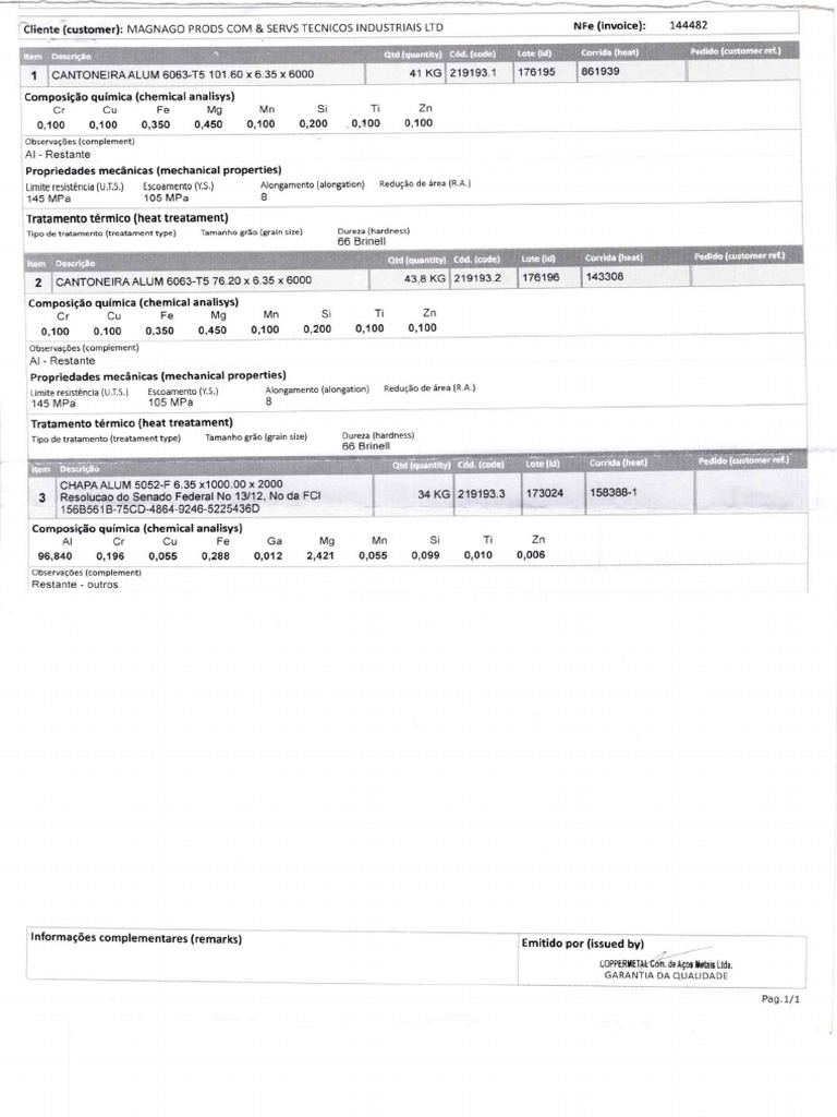 Certificado Qualidade Nota Fiscal 144482 Coopermetal | PDF