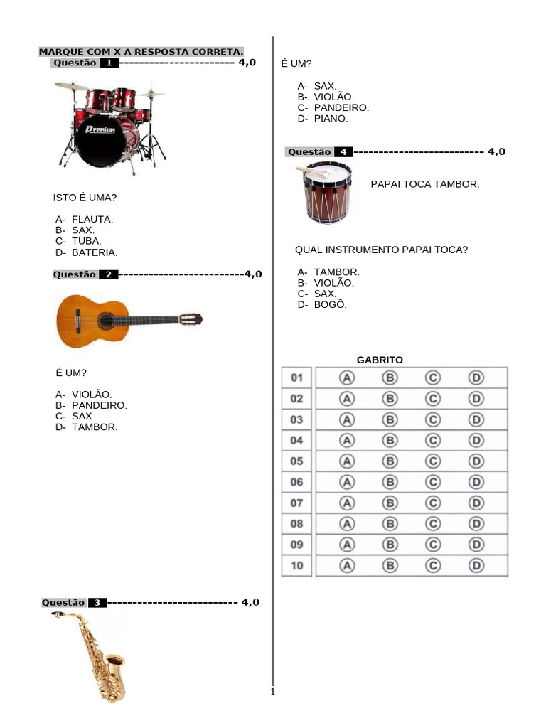 Questões sobre Instrumentos Musicais | PDF