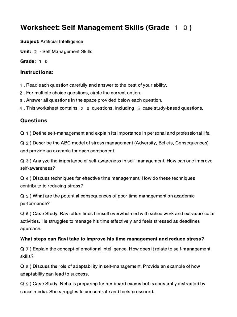 Self Management Skills Worksheet for Grade 10 | PDF | Goal | Disciplines