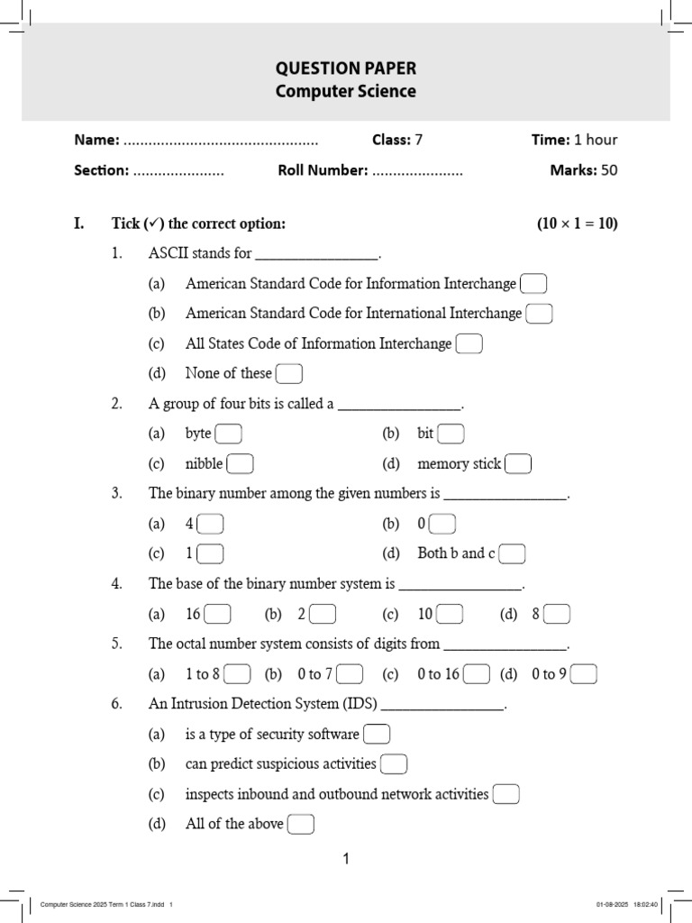 Computer Science Quiz for Class 7 | PDF | Bit | Computing